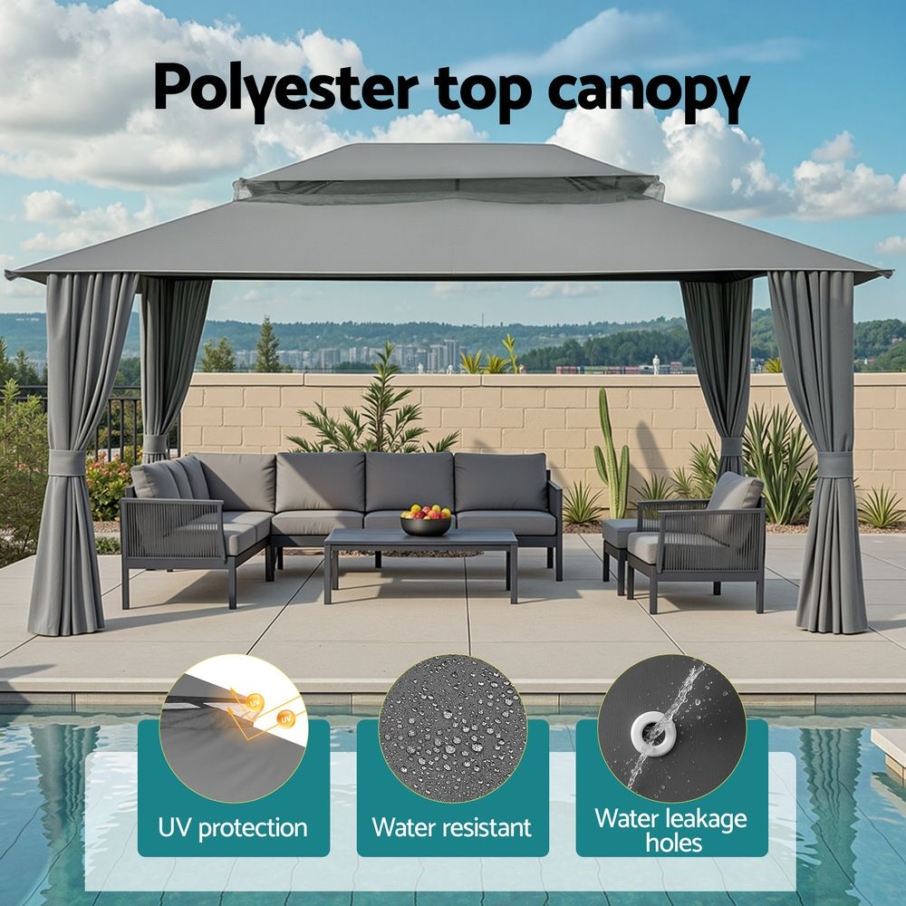 Gazebo with Ventilated Double Roof and Curtains – 3x4m Grey Steel Frame