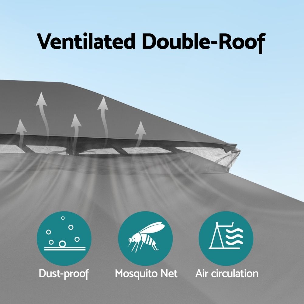 Gazebo with Ventilated Double Roof and Curtains – 3x4m Grey Steel Frame