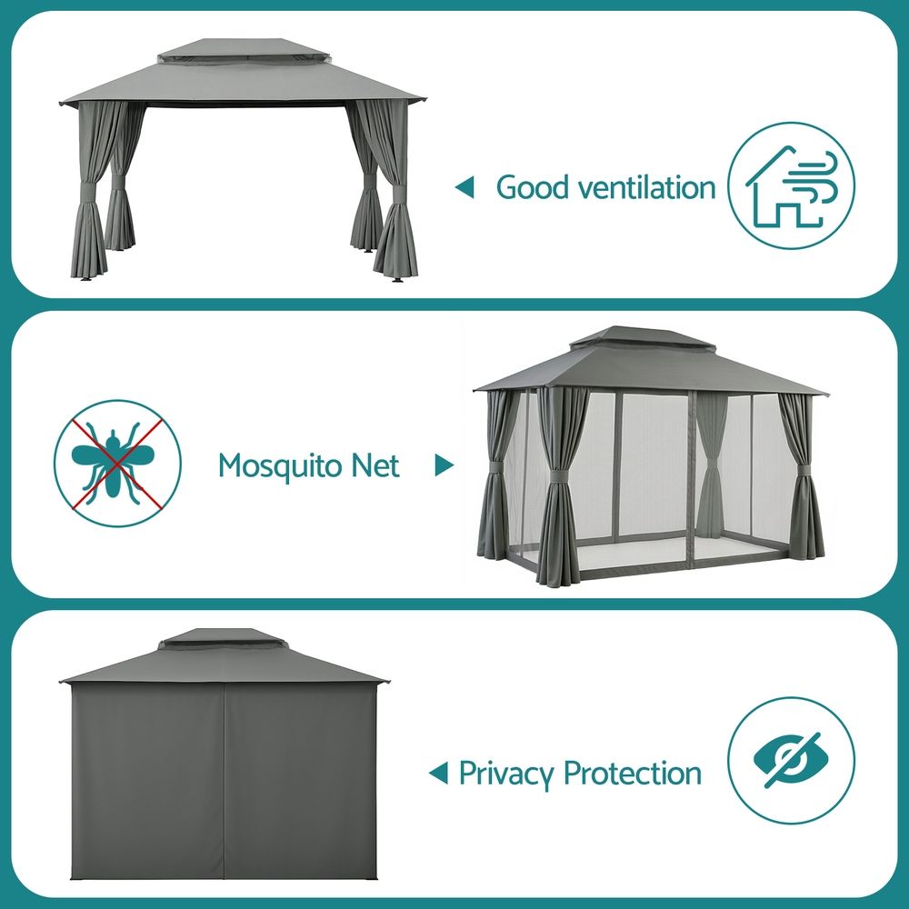 Gazebo with Ventilated Double Roof and Curtains – 3x4m Grey Steel Frame