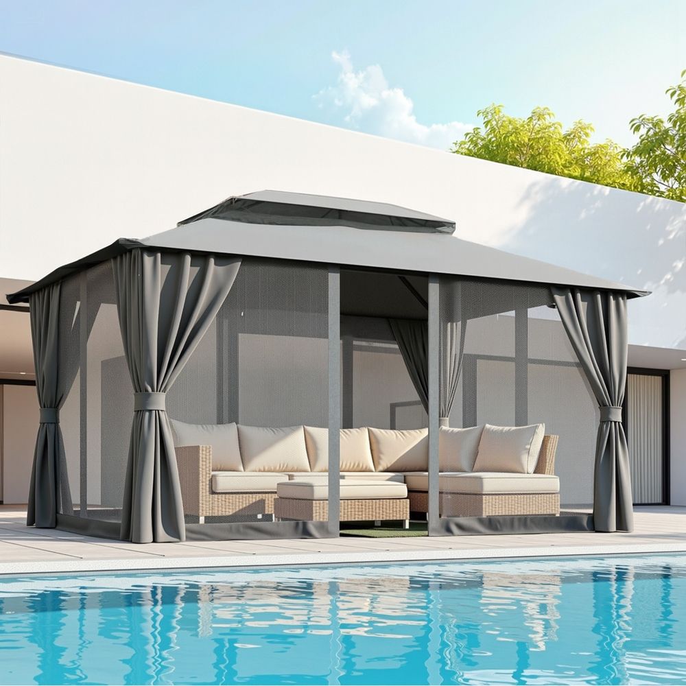 Gazebo with Ventilated Double Roof and Curtains – 3x4m Grey Steel Frame