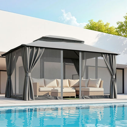 Gazebo with Ventilated Double Roof and Curtains – 3x4m Grey Steel Frame