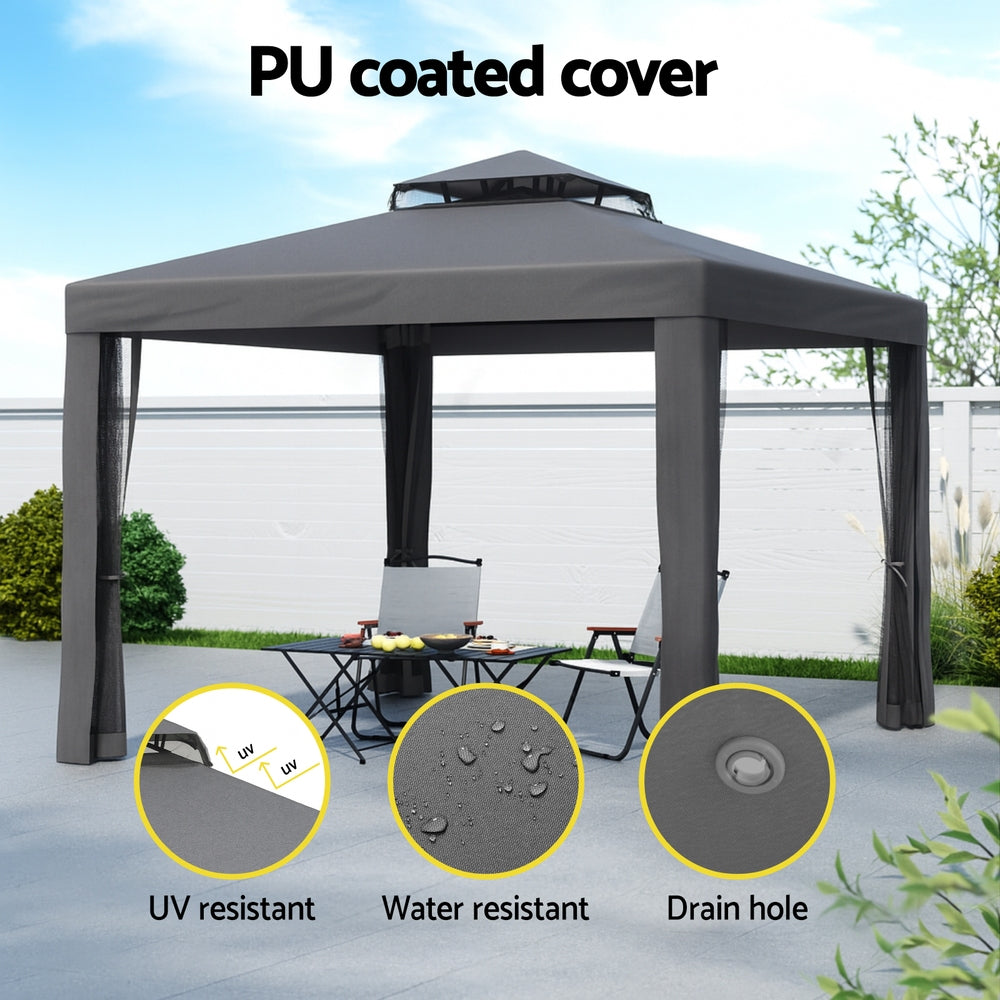 Gray outdoor gazebo with PU coating features, including UV resistance, water resistance, and drain hole, on a patio background.