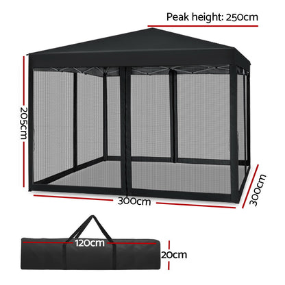 Pop-Up Gazebo with Mesh Walls – 3x3m Black Outdoor Canopy Tent