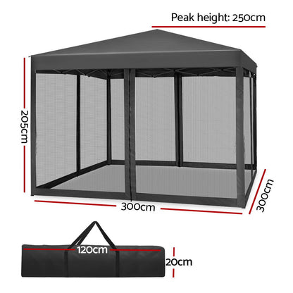 Gazebo Pop-Up Tent – UV Resistant, 3x3m, Grey Mesh Walls