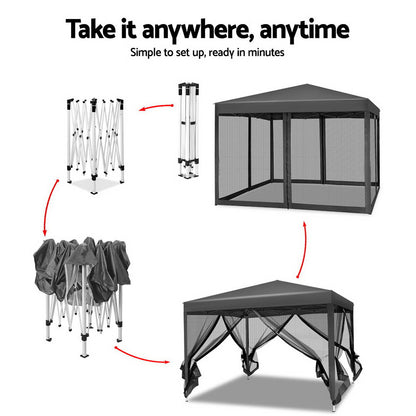 Gazebo Pop-Up Tent – UV Resistant, 3x3m, Grey Mesh Walls