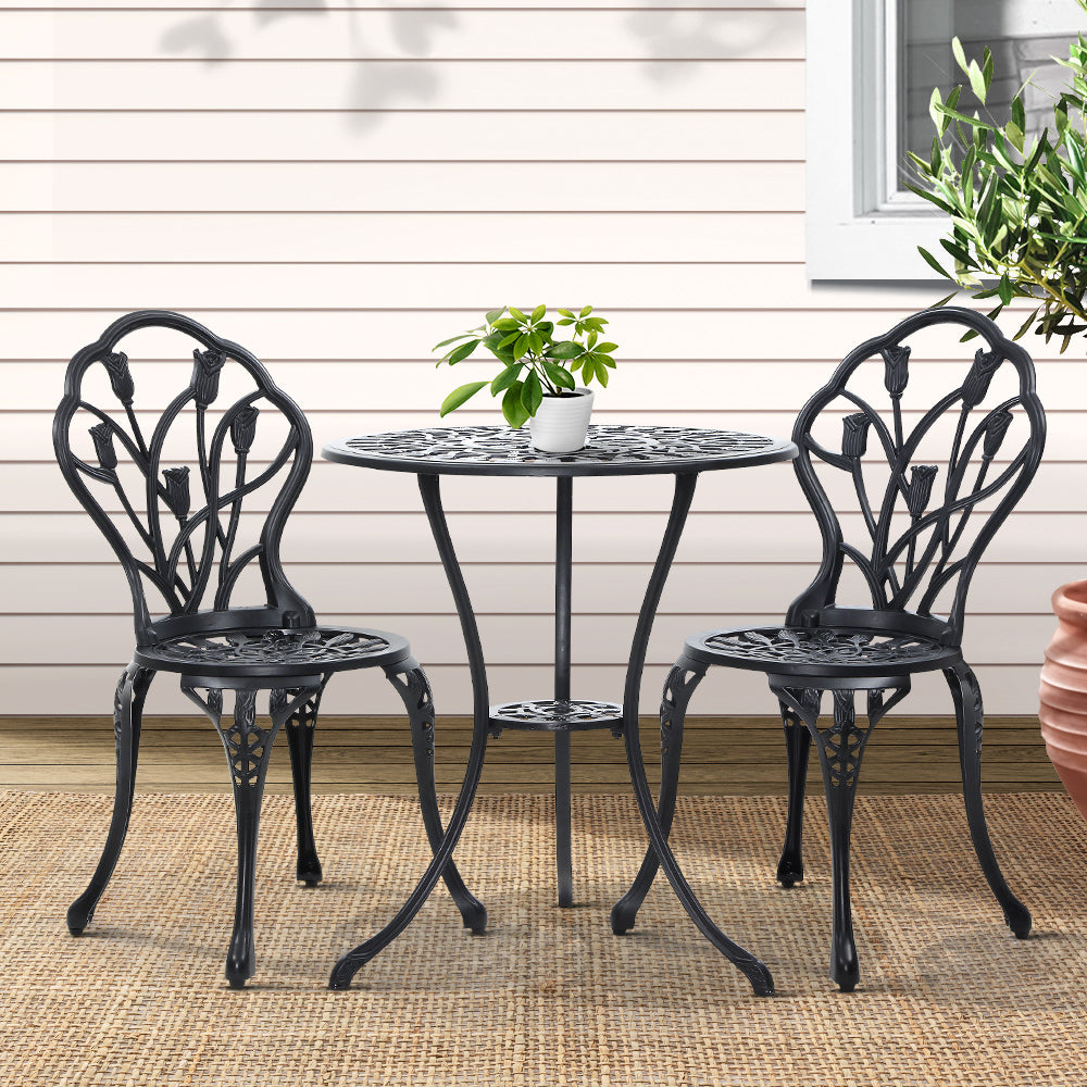 TWSC 3PC Outdoor Setting Bistro Set Chairs Table Cast Aluminum Patio Furniture Tulip Black