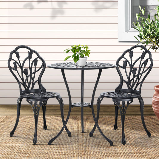 TWSC 3PC Outdoor Setting Bistro Set Chairs Table Cast Aluminum Patio Furniture Tulip Black