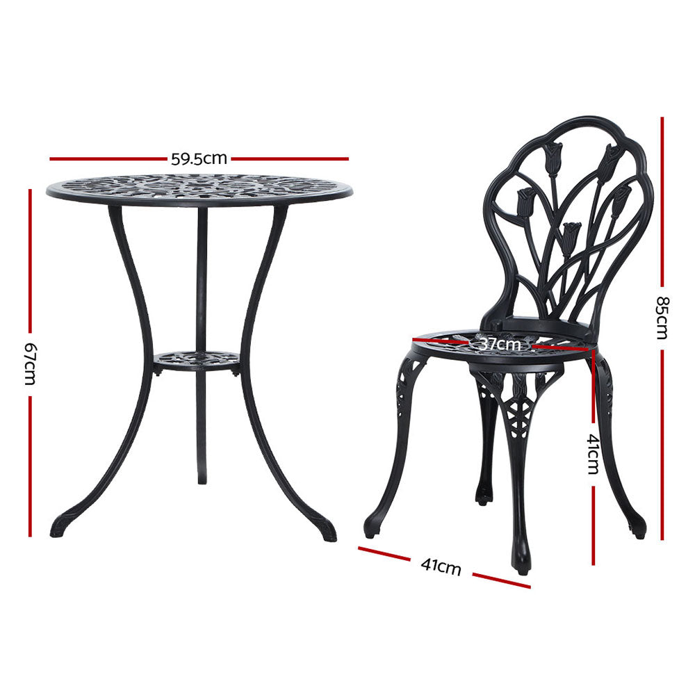 TWSC 3PC Outdoor Setting Bistro Set Chairs Table Cast Aluminum Patio Furniture Tulip Black