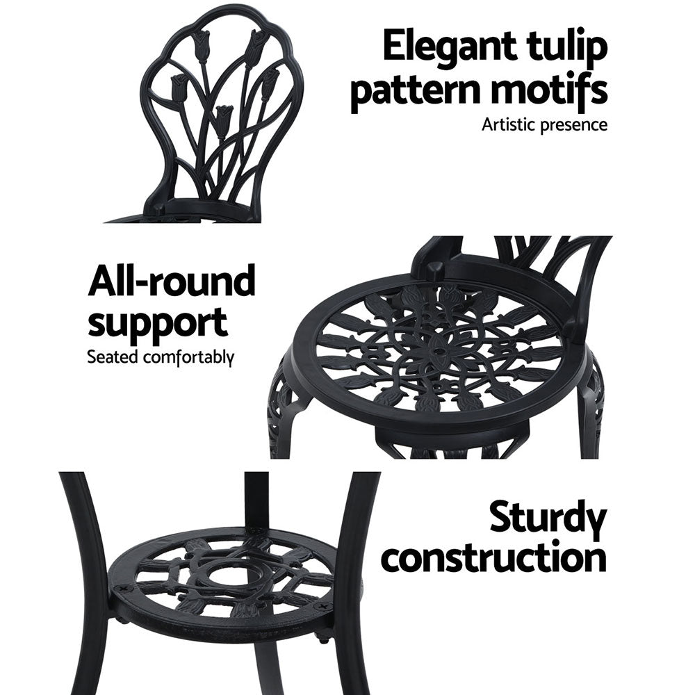 TWSC 3PC Outdoor Setting Bistro Set Chairs Table Cast Aluminum Patio Furniture Tulip Black