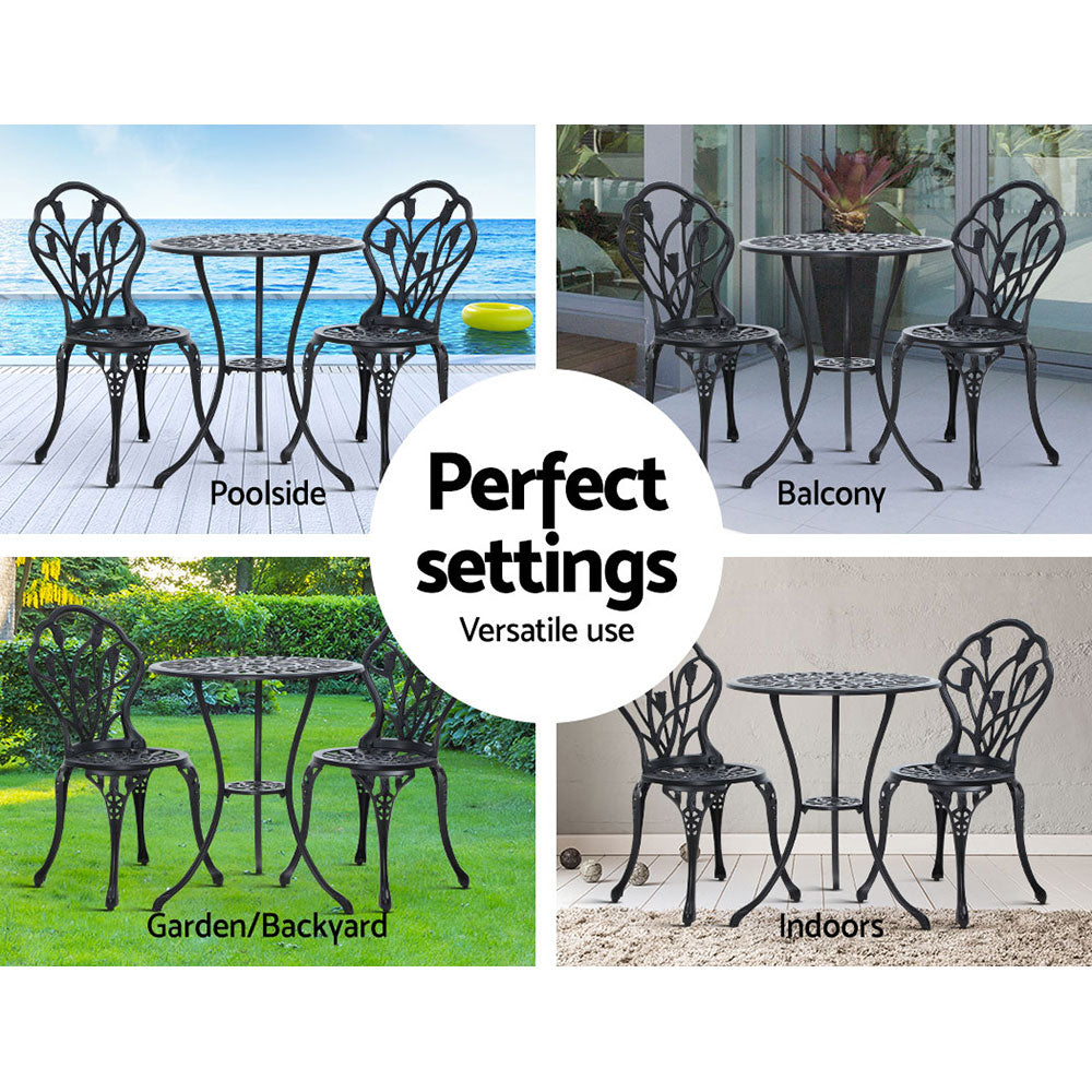 TWSC 3PC Outdoor Setting Bistro Set Chairs Table Cast Aluminum Patio Furniture Tulip Black