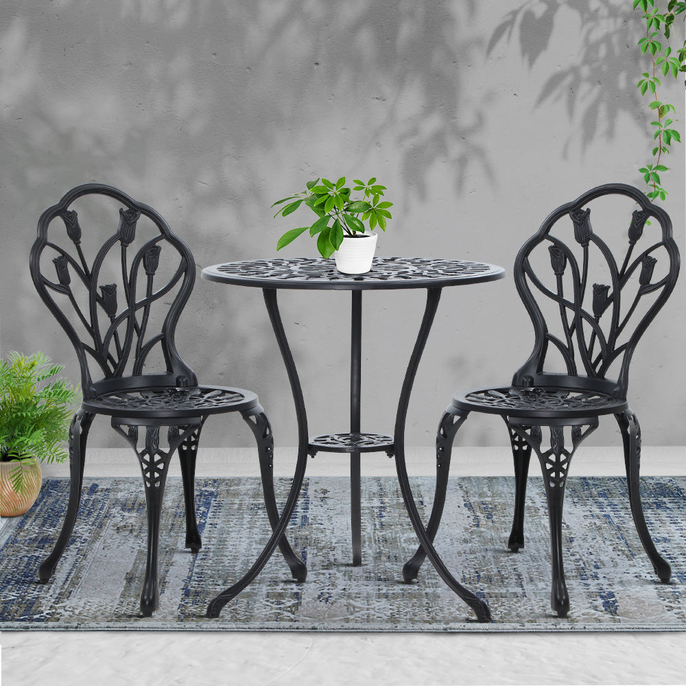 TWSC 3PC Outdoor Setting Bistro Set Chairs Table Cast Aluminum Patio Furniture Tulip Black