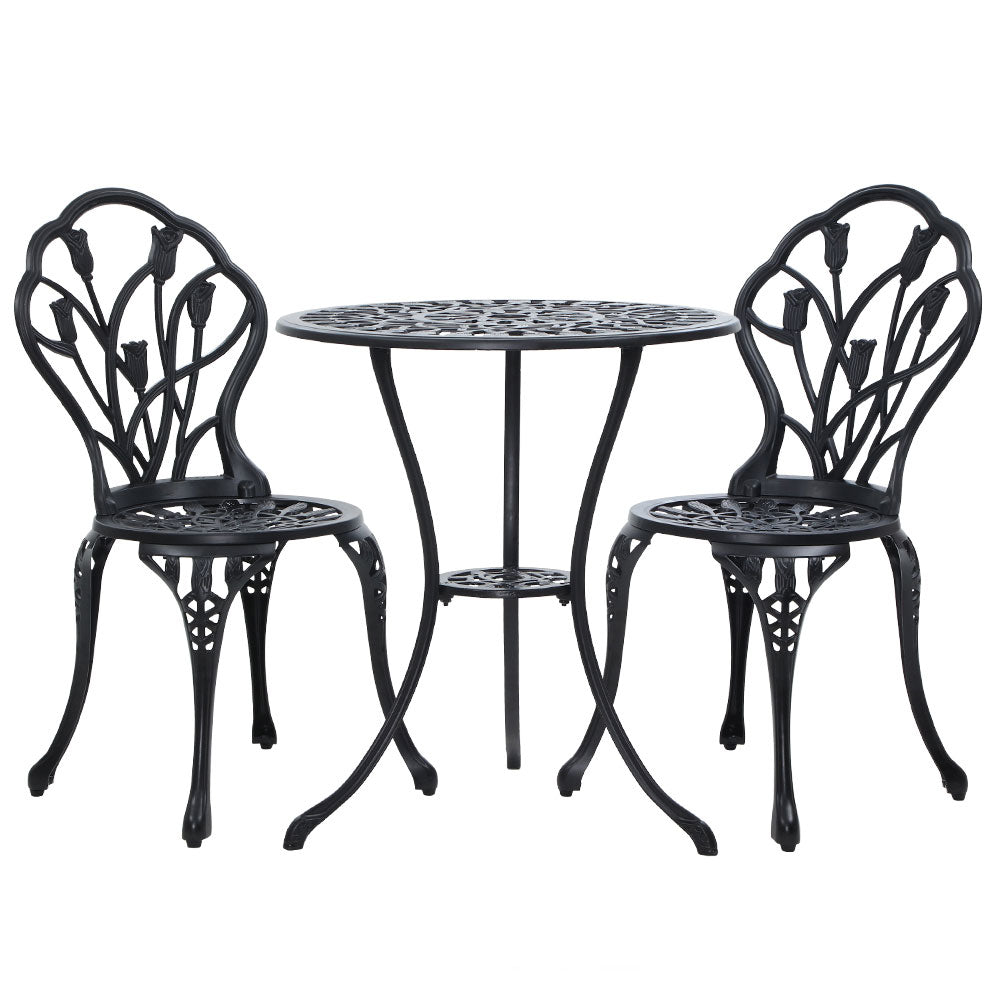 TWSC 3PC Outdoor Setting Bistro Set Chairs Table Cast Aluminum Patio Furniture Tulip Black