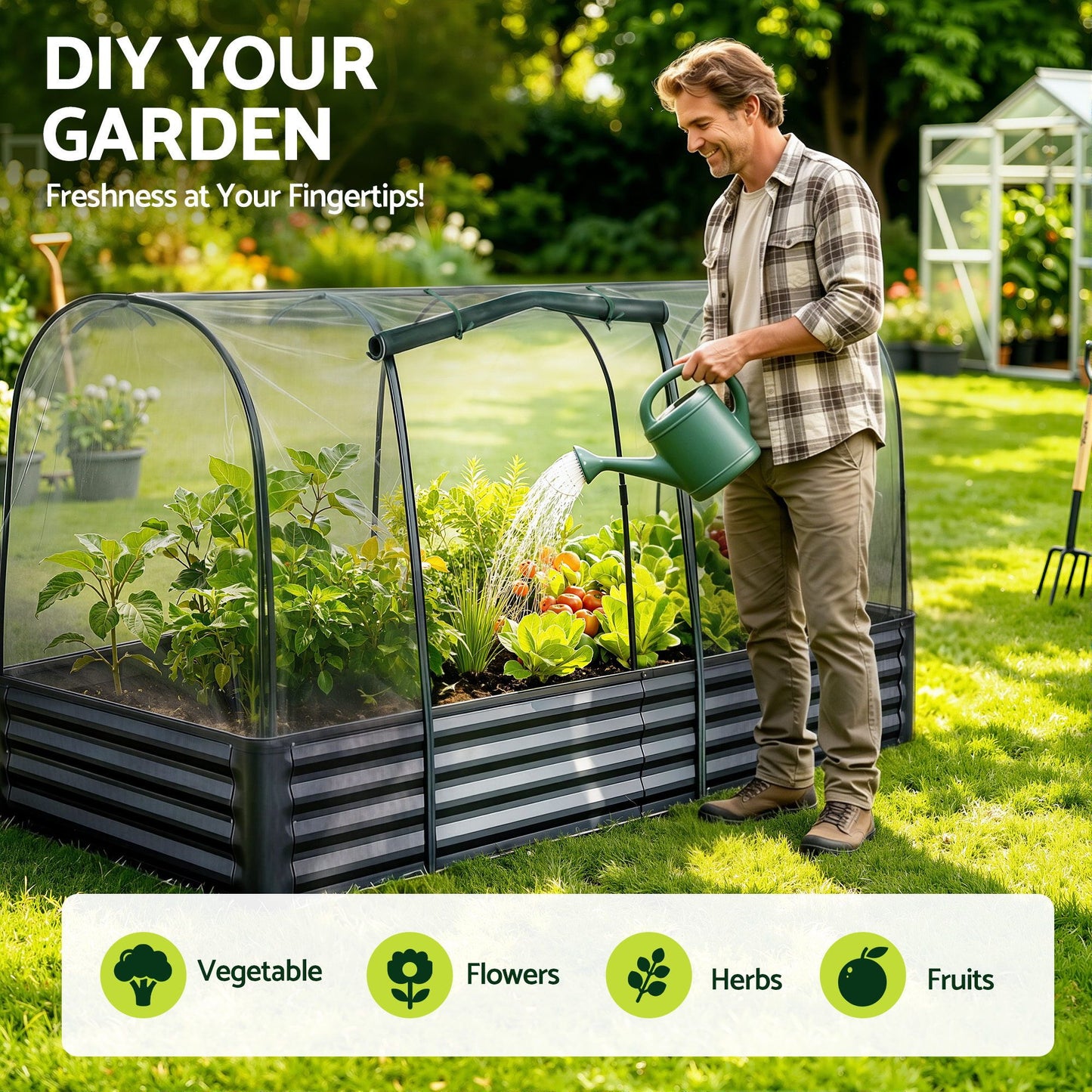 Green Fingers Raised Garden Bed with Mesh Netting Galvanised Planter Box Bird Proof 180x90x120cm