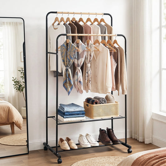 Clothes Rack with Double Rod and Storage Shelves – Metal Frame, Black and Wood Finish