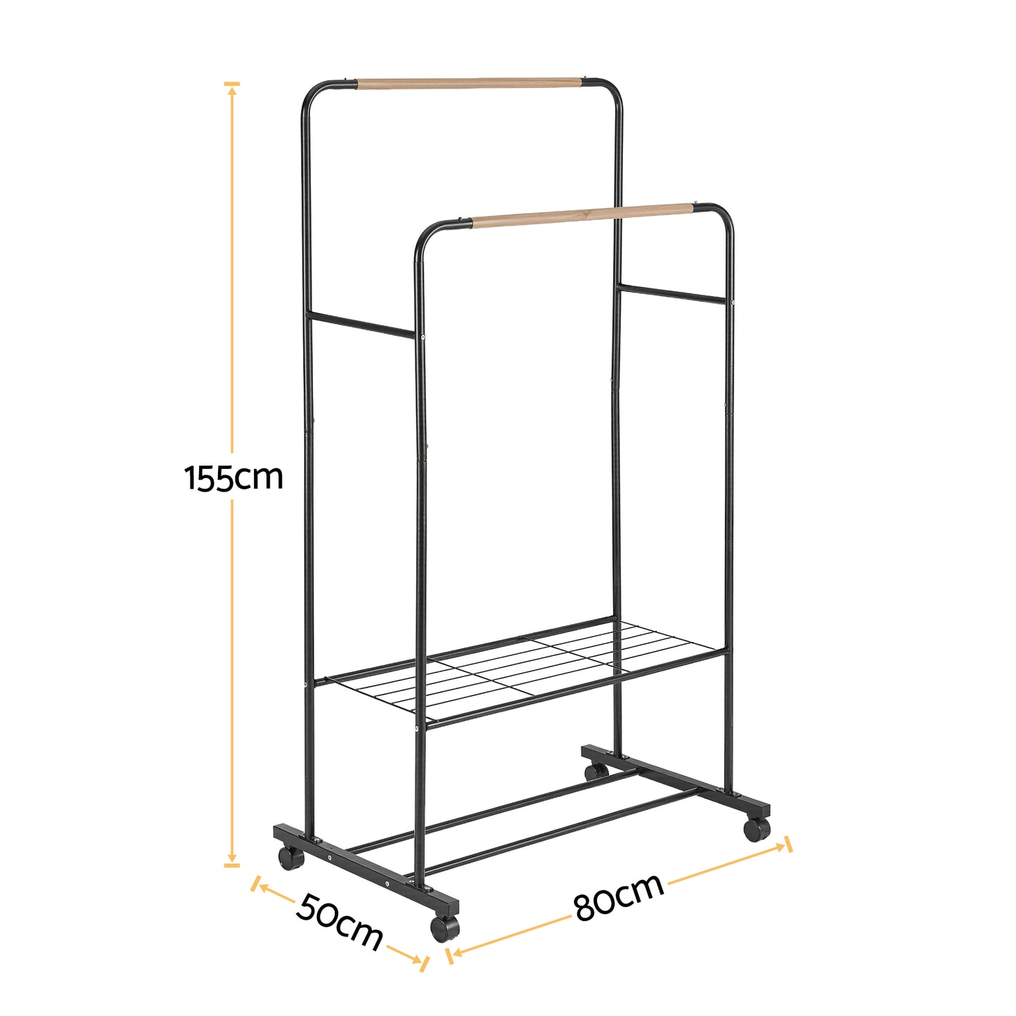 Clothes Rack with Double Rod and Storage Shelves – Metal Frame, Black and Wood Finish