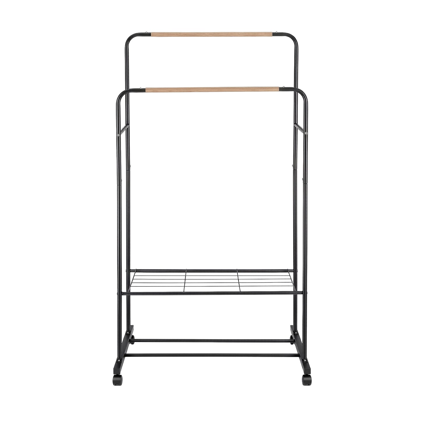 Clothes Rack with Double Rod and Storage Shelves – Metal Frame, Black and Wood Finish