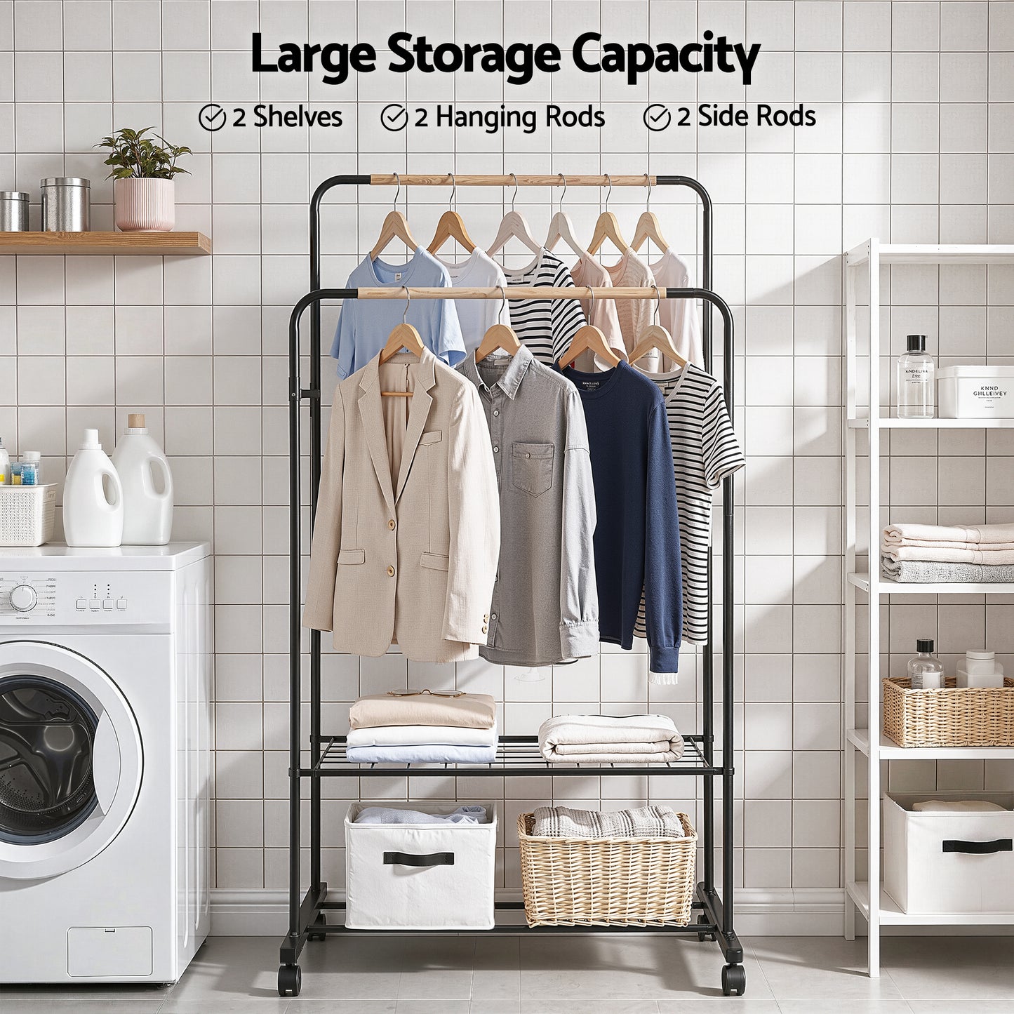 Clothes Rack with Double Rod and Storage Shelves – Metal Frame, Black and Wood Finish