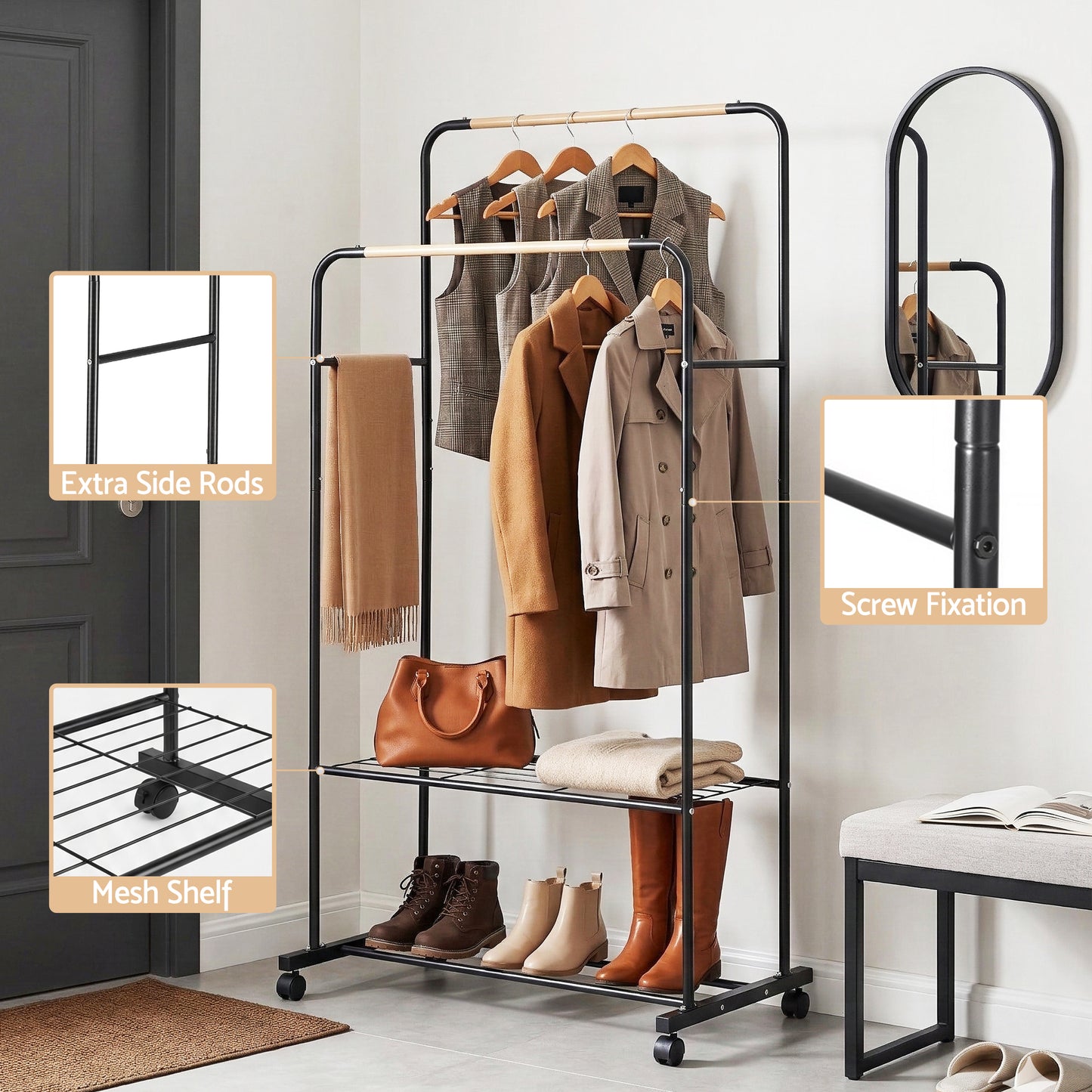 Clothes Rack with Double Rod and Storage Shelves – Metal Frame, Black and Wood Finish