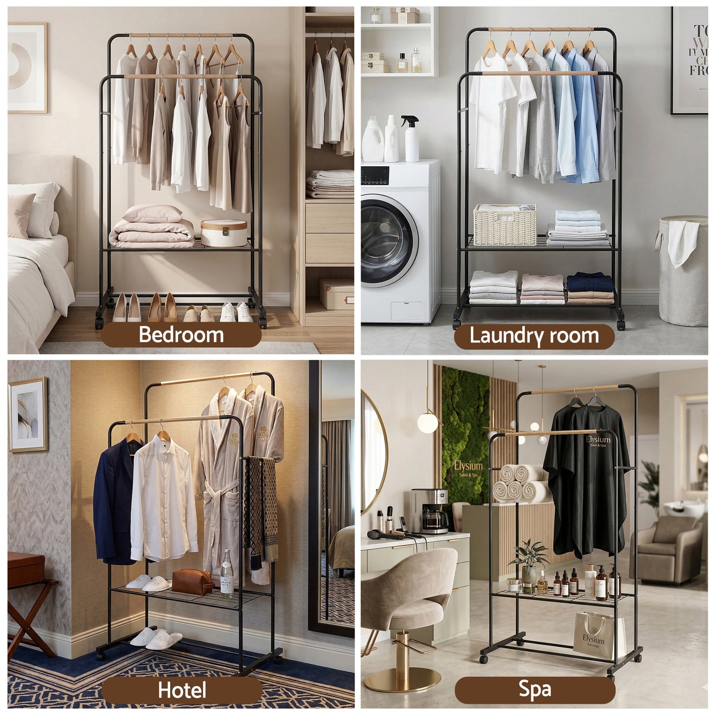 Clothes Rack with Double Rod and Storage Shelves – Metal Frame, Black and Wood Finish