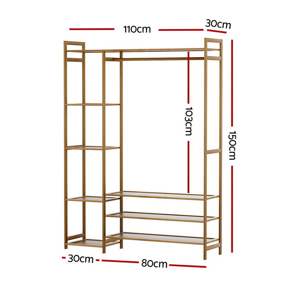 Wardrobe Clothes Rack – Bamboo, Adjustable Shelves, Walnut Finish