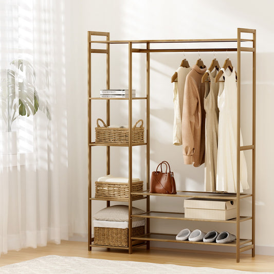 Wardrobe Clothes Rack – Bamboo, Adjustable Shelves, Walnut Finish