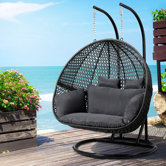 Outdoor Hanging Rattan Swing Chair – Two-Seater with Cushion and Stand, Grey