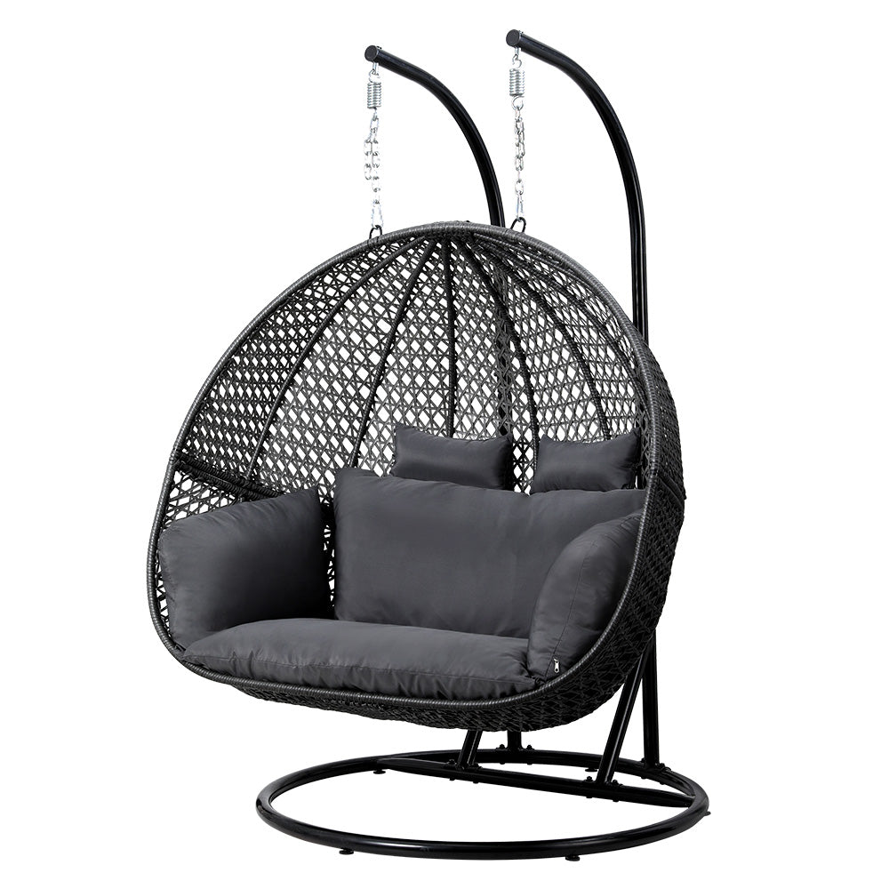 Outdoor Hanging Rattan Swing Chair – Two-Seater with Cushion and Stand, Grey