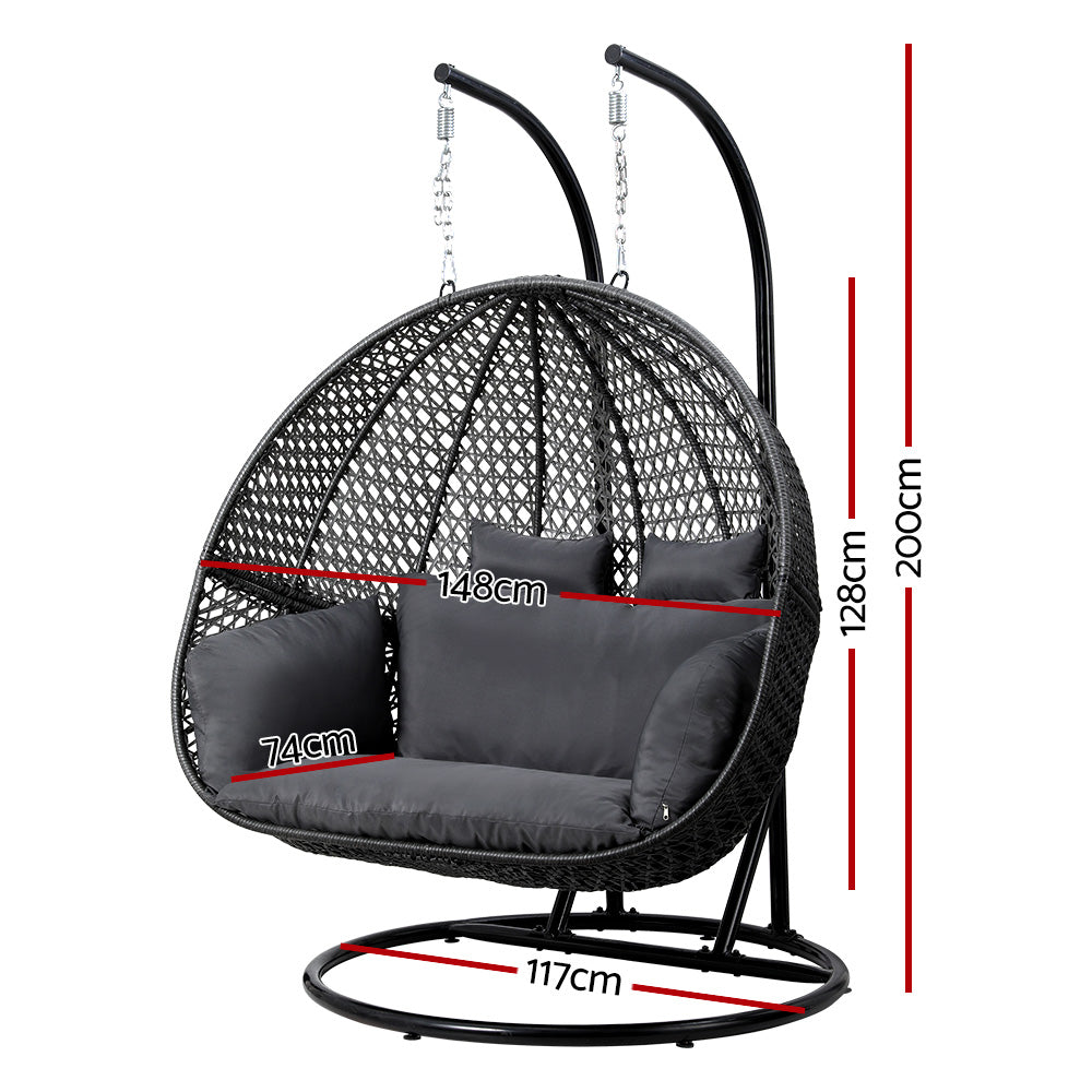 Outdoor Hanging Rattan Swing Chair – Two-Seater with Cushion and Stand, Grey