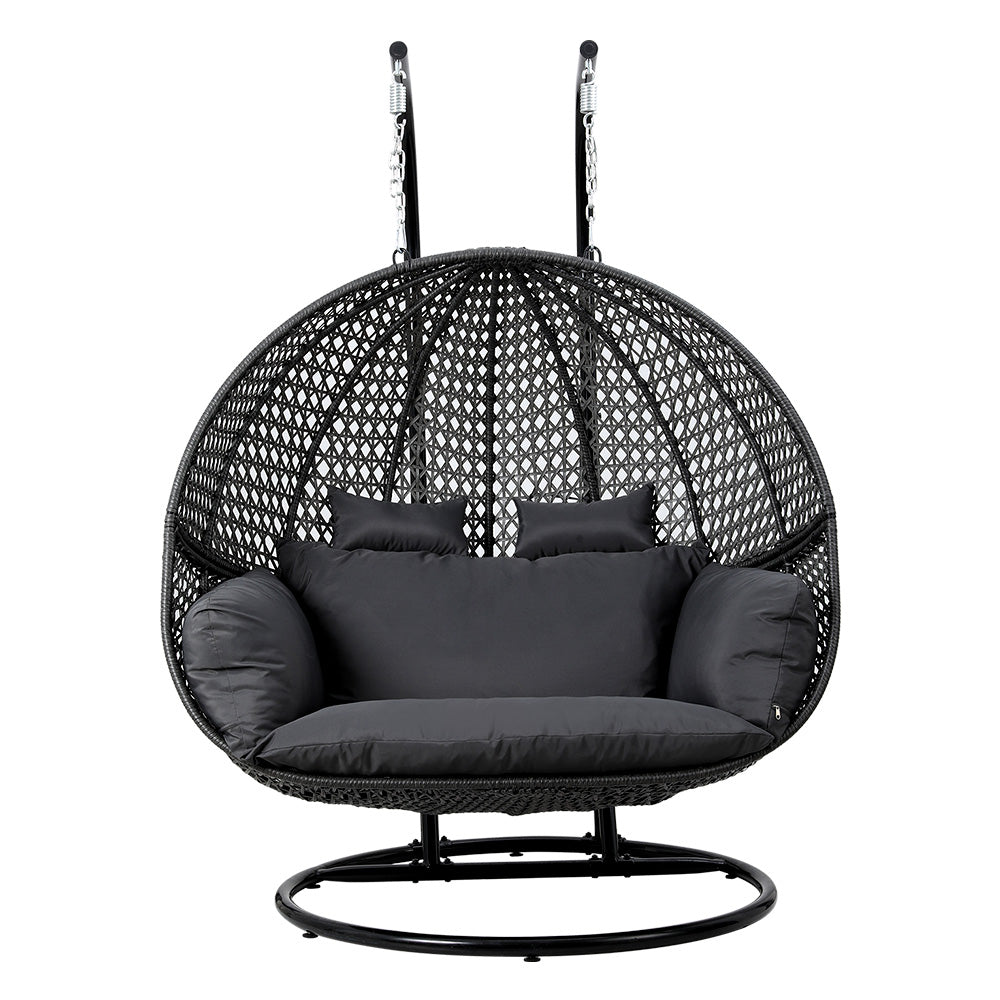 Outdoor Hanging Rattan Swing Chair – Two-Seater with Cushion and Stand, Grey