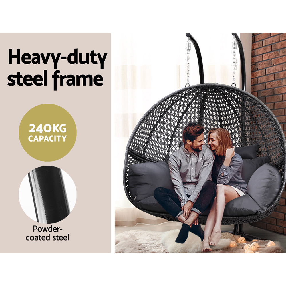 Outdoor Hanging Rattan Swing Chair – Two-Seater with Cushion and Stand, Grey