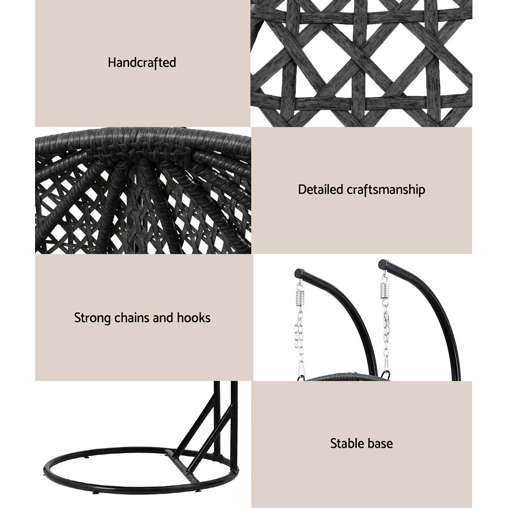 Outdoor Hanging Rattan Swing Chair – Two-Seater with Cushion and Stand, Grey