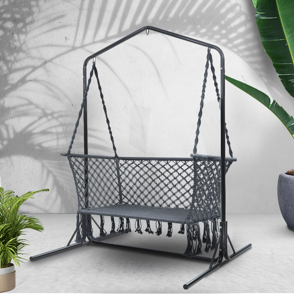 Hammock Chair with Stand – Handmade Macrame, 2-Seater Grey