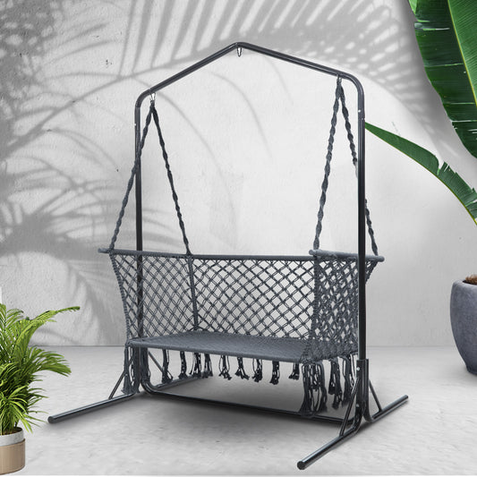Grey handmade macrame hammock chair with stand, 2-seater outdoor furniture by Gardeon, perfect for relaxing outdoors.