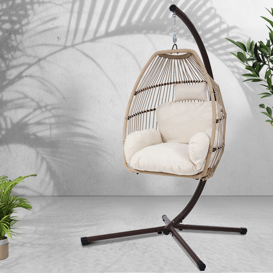 TWSC Outdoor Egg Swing Chair Hanging Chair Wicker Rope Pod Stand Cushion Latte