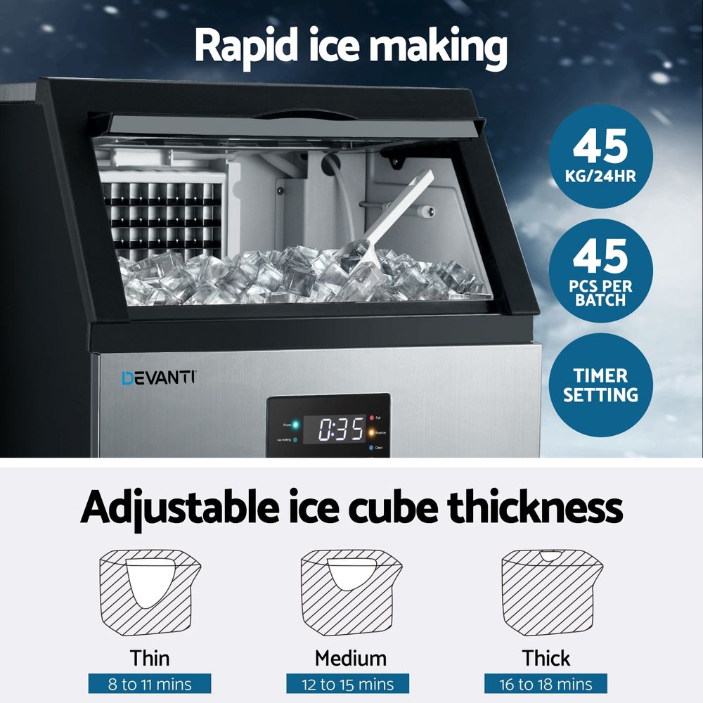 Devanti Ice Maker – Commercial 45kg Capacity, Stainless Steel