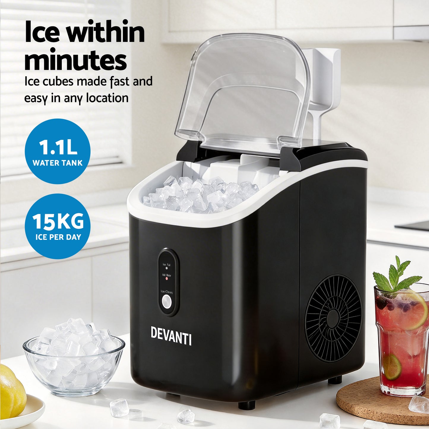 Devanti Nugget Ice Maker – 15kg Daily Capacity, Compact Black Design