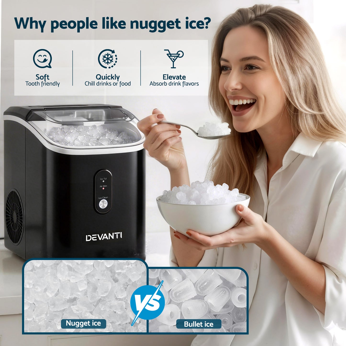 Devanti Nugget Ice Maker – 15kg Daily Capacity, Compact Black Design