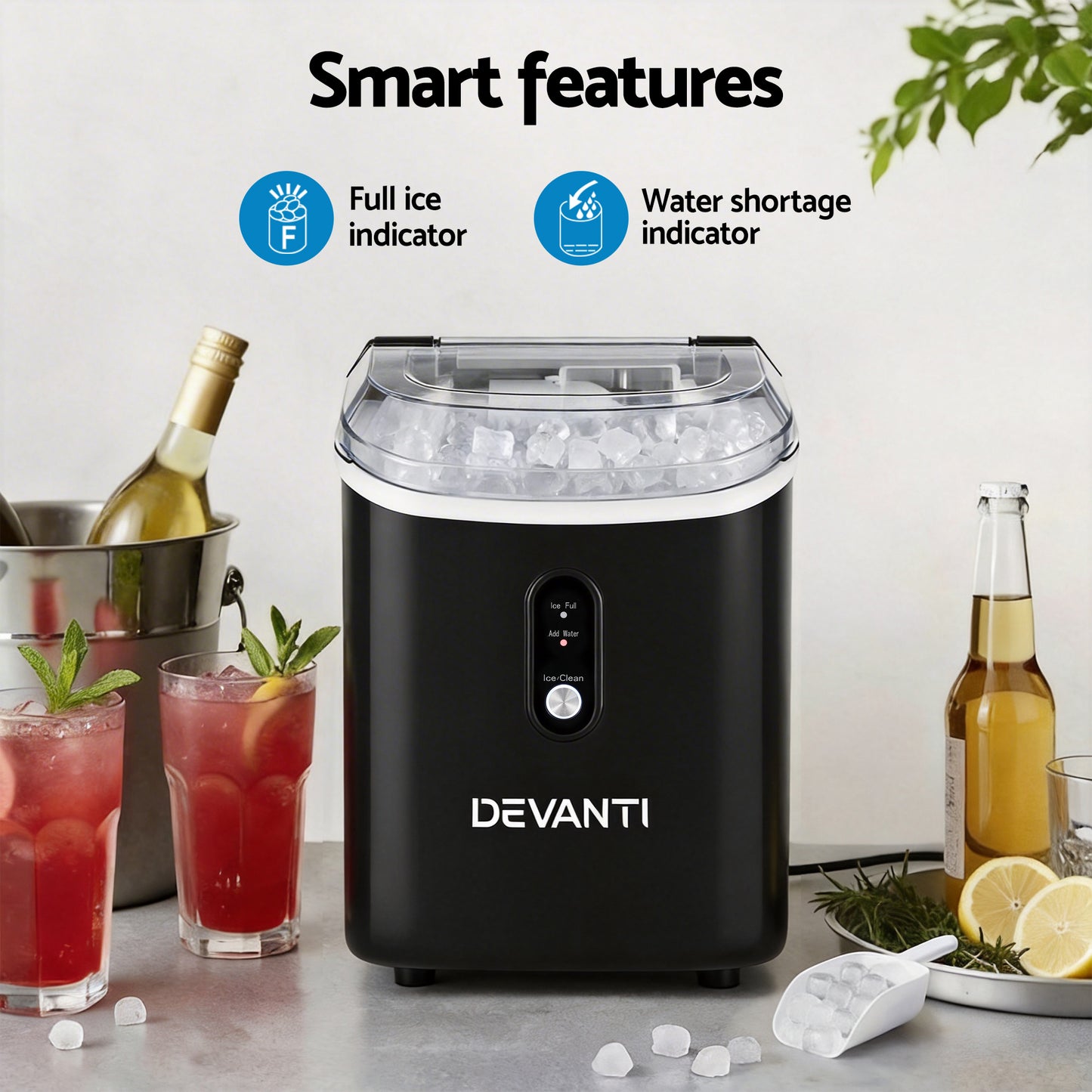 Devanti Nugget Ice Maker – 15kg Daily Capacity, Compact Black Design