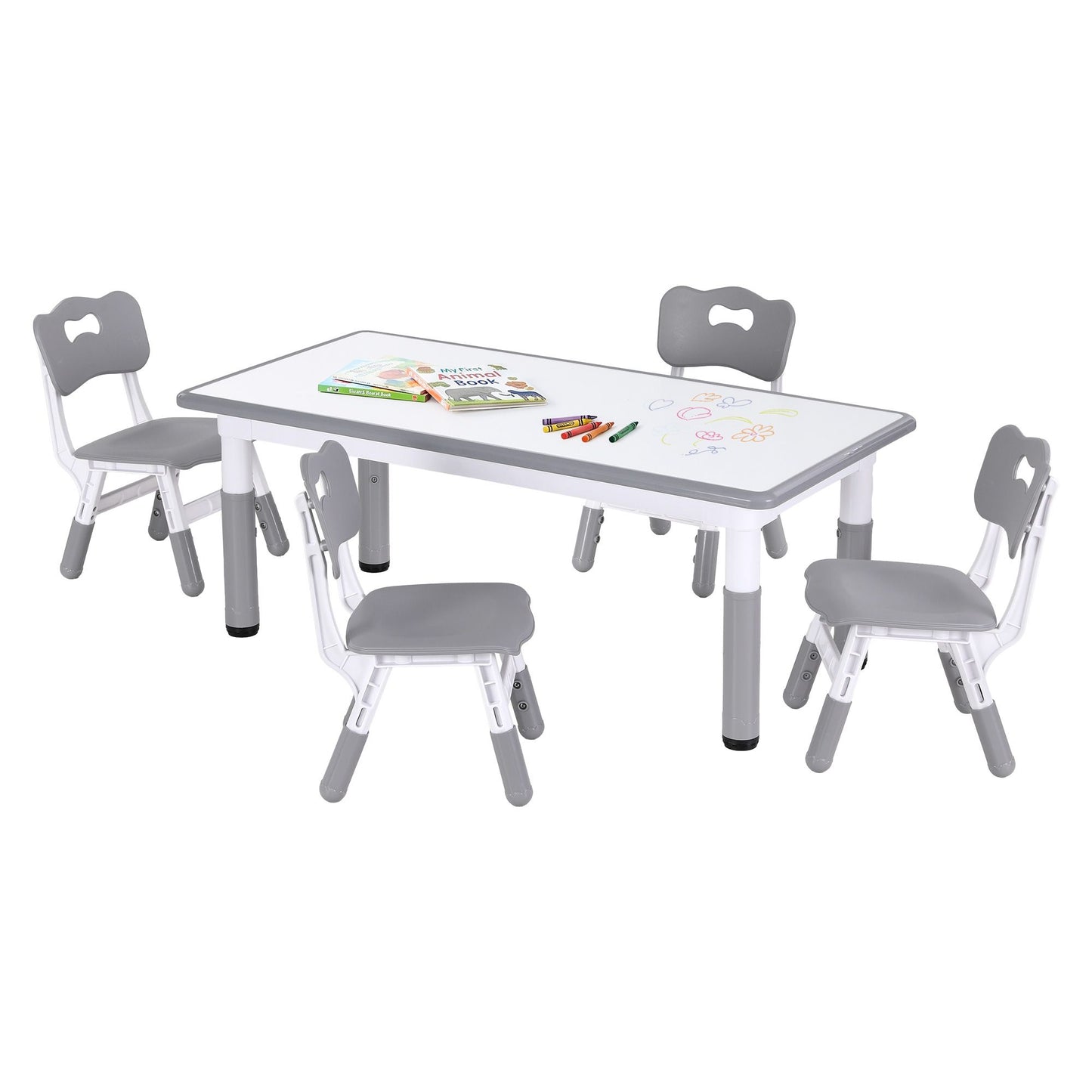 Kids Table and 4 Chairs Set – Height Adjustable with Graffiti Desktop, Grey
