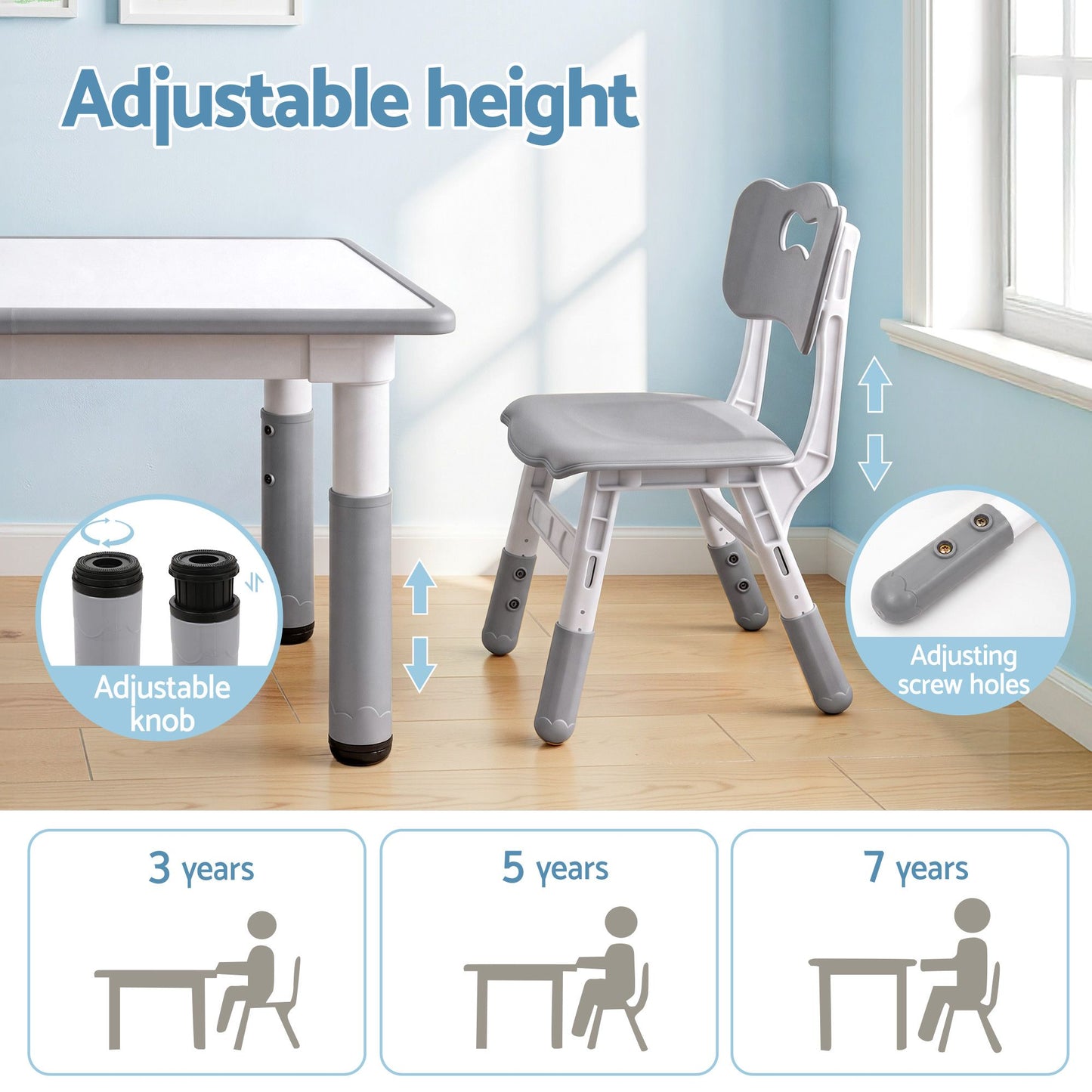 Kids Table and 4 Chairs Set – Height Adjustable with Graffiti Desktop, Grey