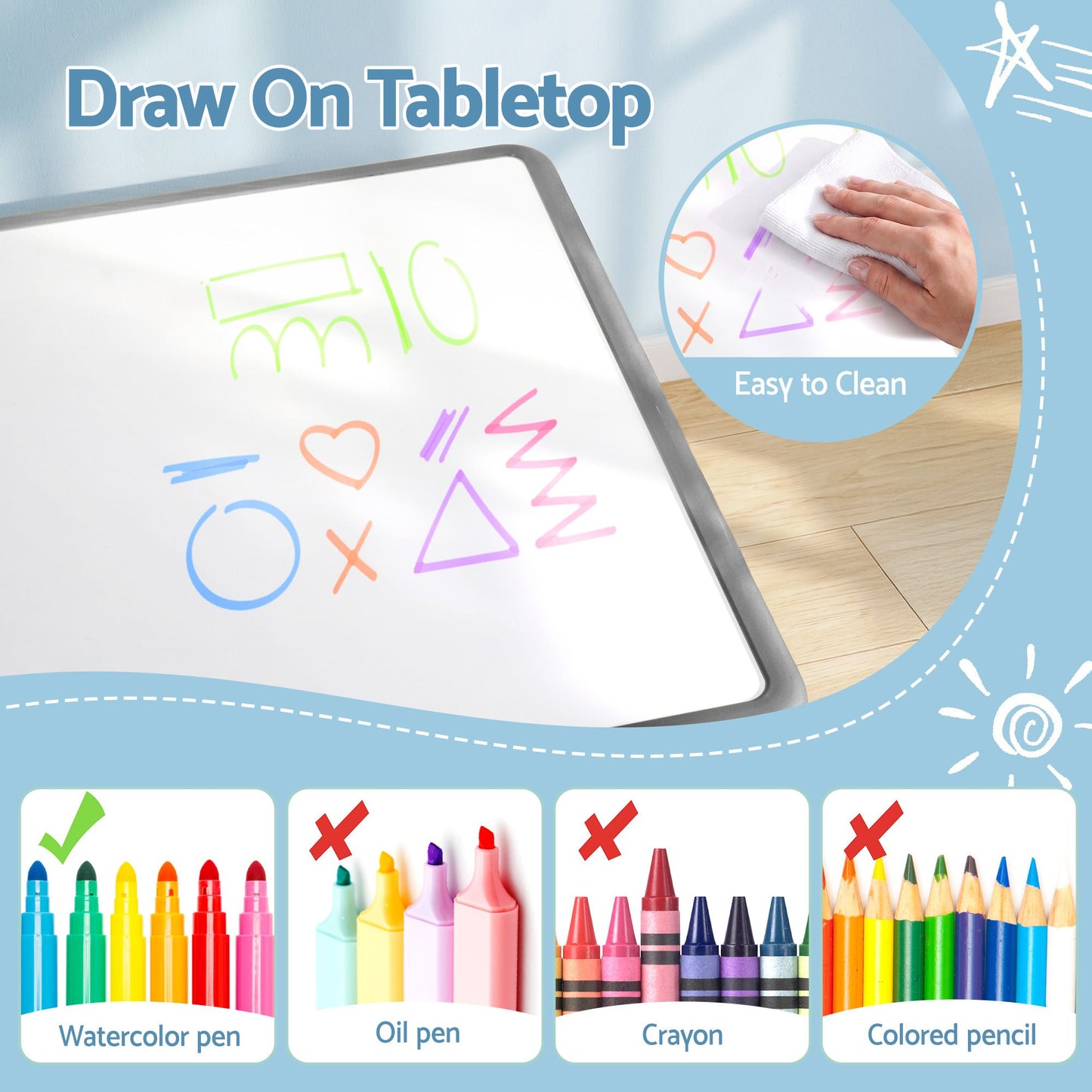 Kids Table and 4 Chairs Set – Height Adjustable with Graffiti Desktop, Grey