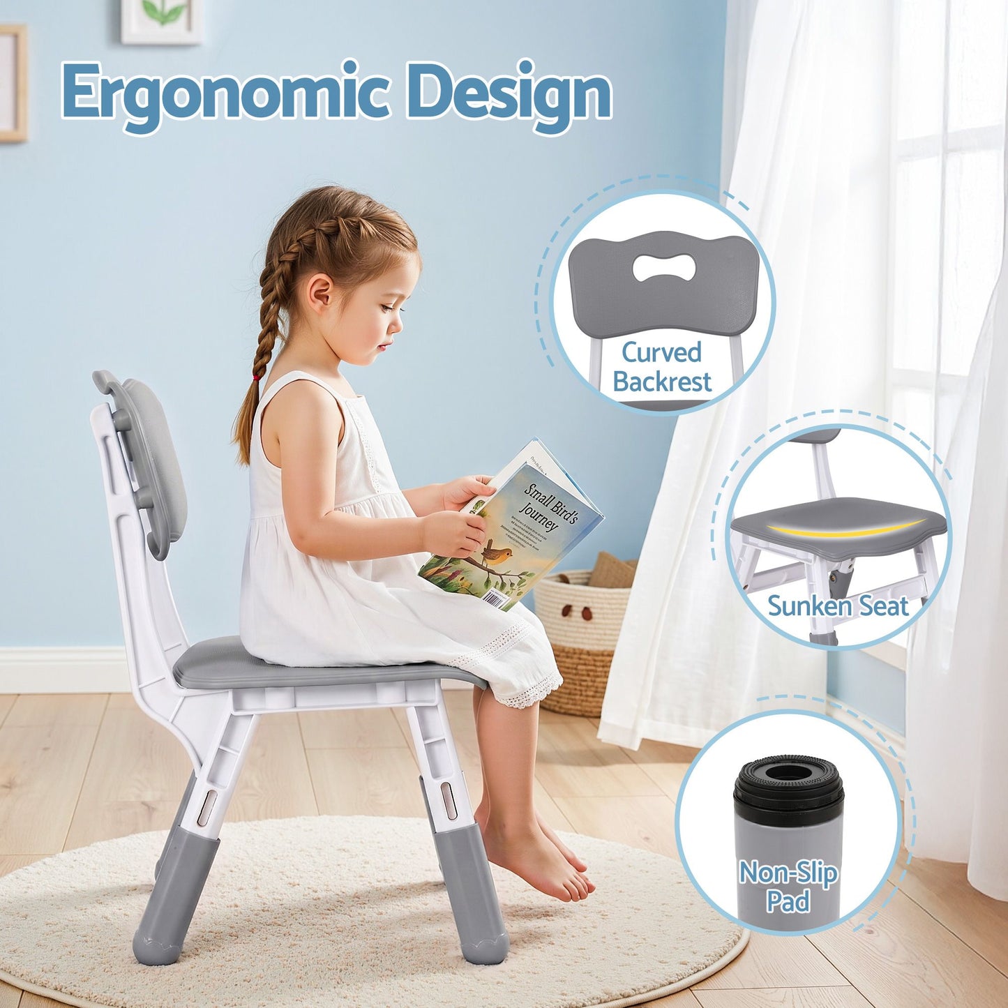 Kids Table and 4 Chairs Set – Height Adjustable with Graffiti Desktop, Grey
