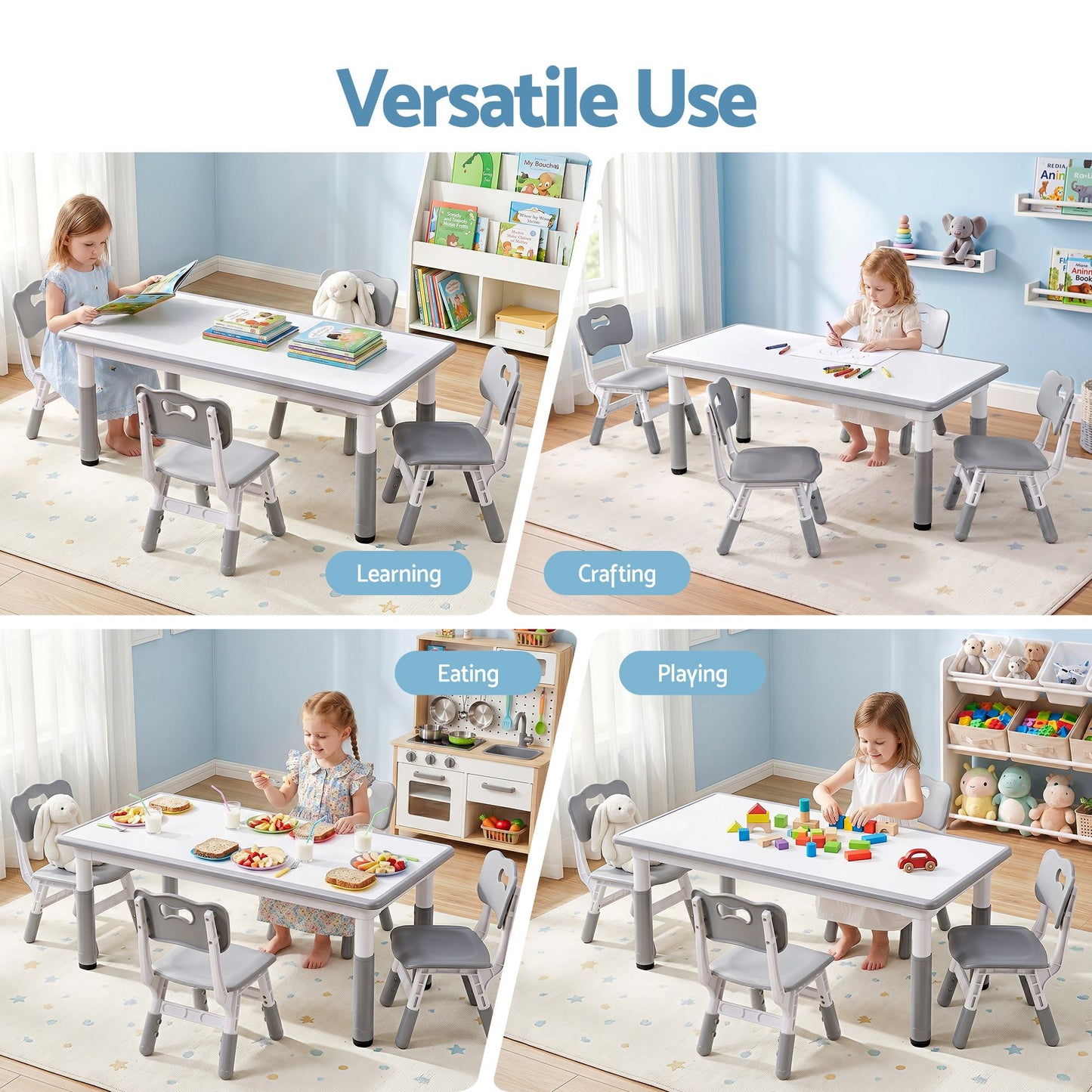 Kids Table and 4 Chairs Set – Height Adjustable with Graffiti Desktop, Grey