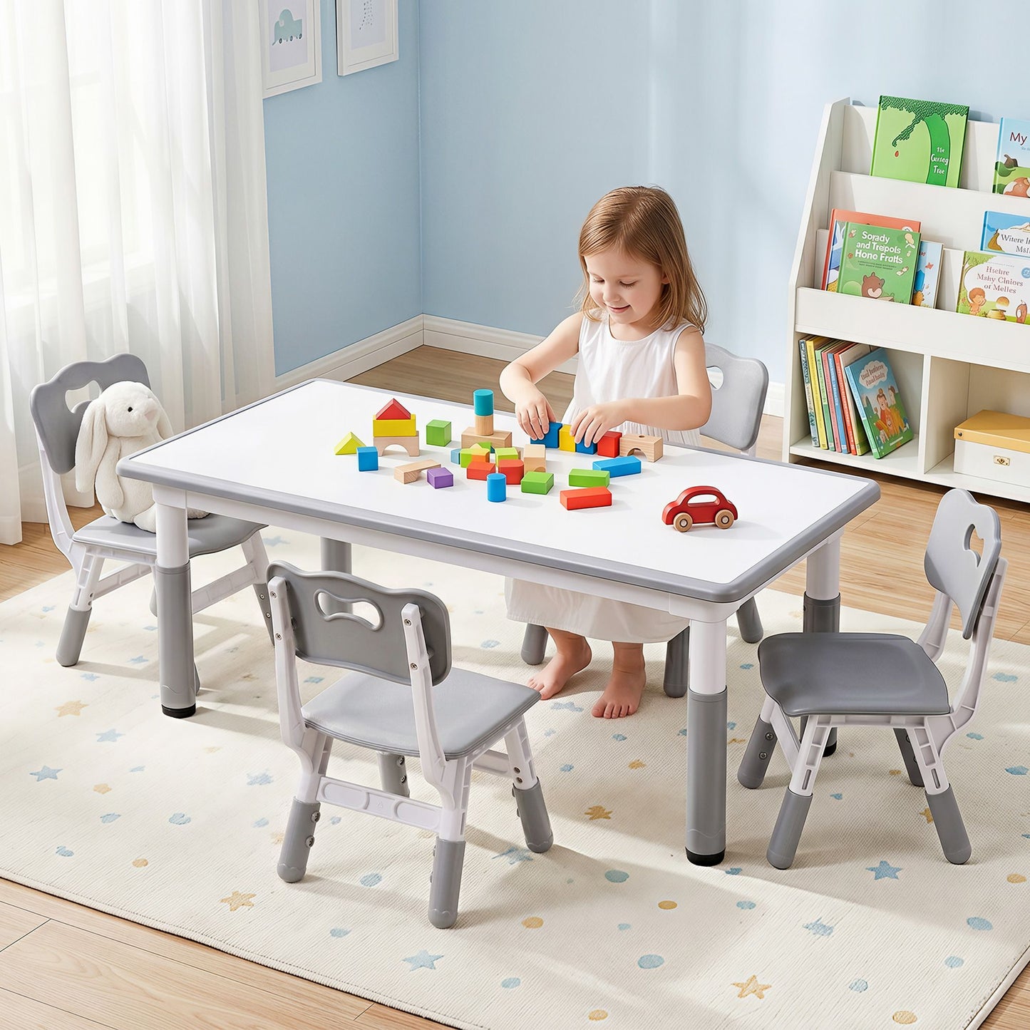 Kids Table and 4 Chairs Set – Height Adjustable with Graffiti Desktop, Grey