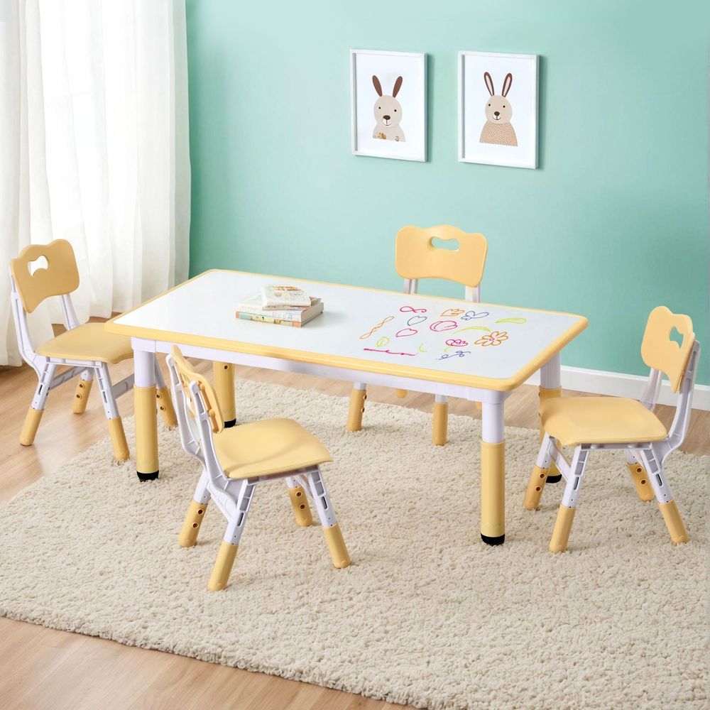 Kids Table and 4 Chairs Set – Height Adjustable with Graffiti Desktop, Yellow