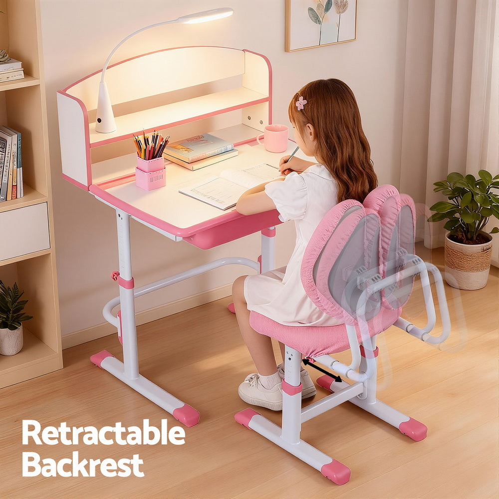 Kids Adjustable Ergonomic Study Desk and Chair Set with LED Lamp – Pink