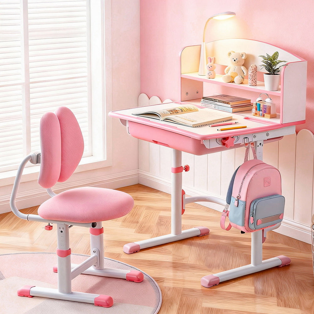 Kids Adjustable Ergonomic Study Desk and Chair Set with LED Lamp – Pink