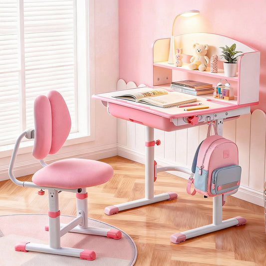 Kids Adjustable Ergonomic Study Desk and Chair Set with LED Lamp – Pink