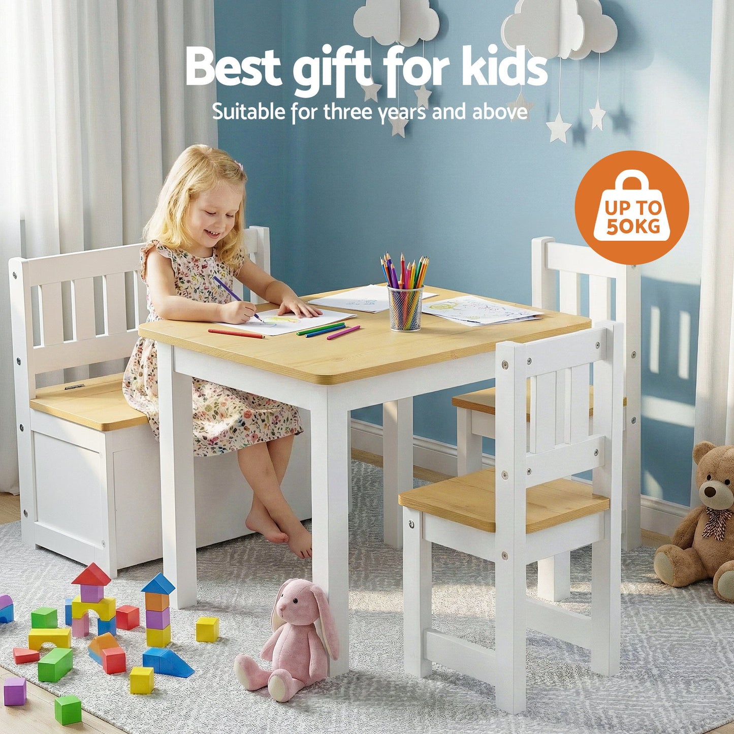 Kids 2-in-1 Activity Table Set with Storage Bench and 2 Chairs – Natural Wood Finish