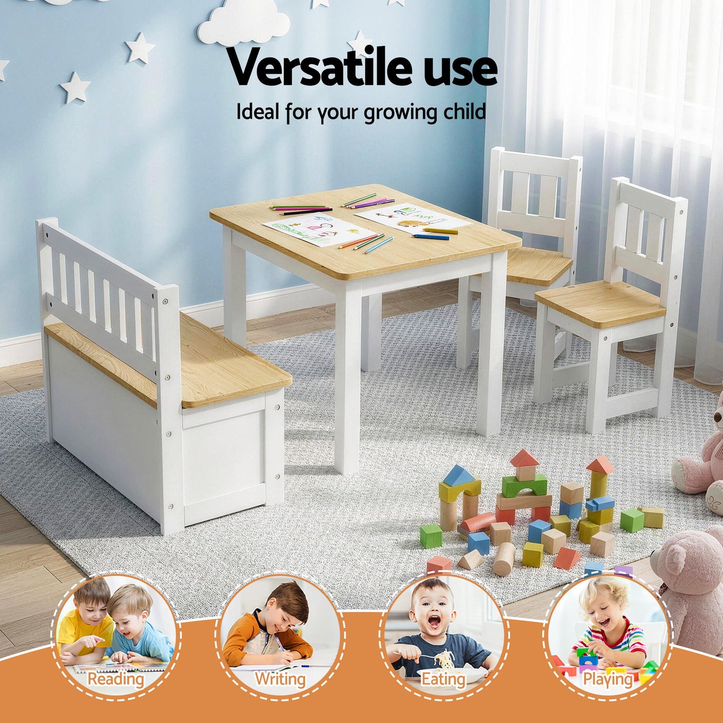 Kids 2-in-1 Activity Table Set with Storage Bench and 2 Chairs – Natural Wood Finish